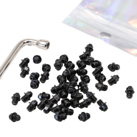A pile of black Shortie Traction Pins with product baggie and install tool.