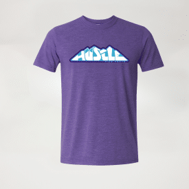 Heather purple Hustle Mountain logo tee.
