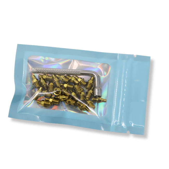 Packaged gold K9 Traction Pins with install tool in product baggie.