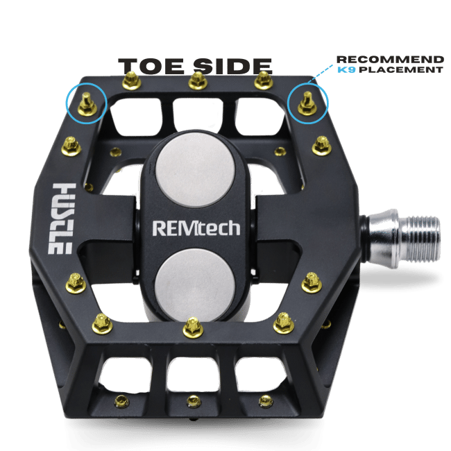 Diagram showing recommended K9 Traction Pin placement on REMtech® Pedals.