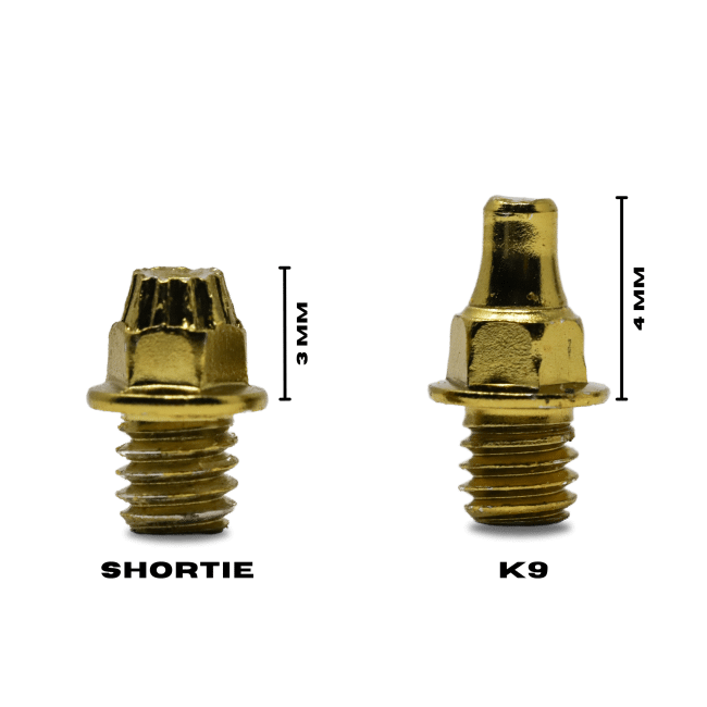 Comparison image of a gold Shortie & K9 Traction Pin with the heights written.