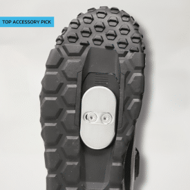 REMplate Pro installed on an MTB shoe with a top accessory pick badge.