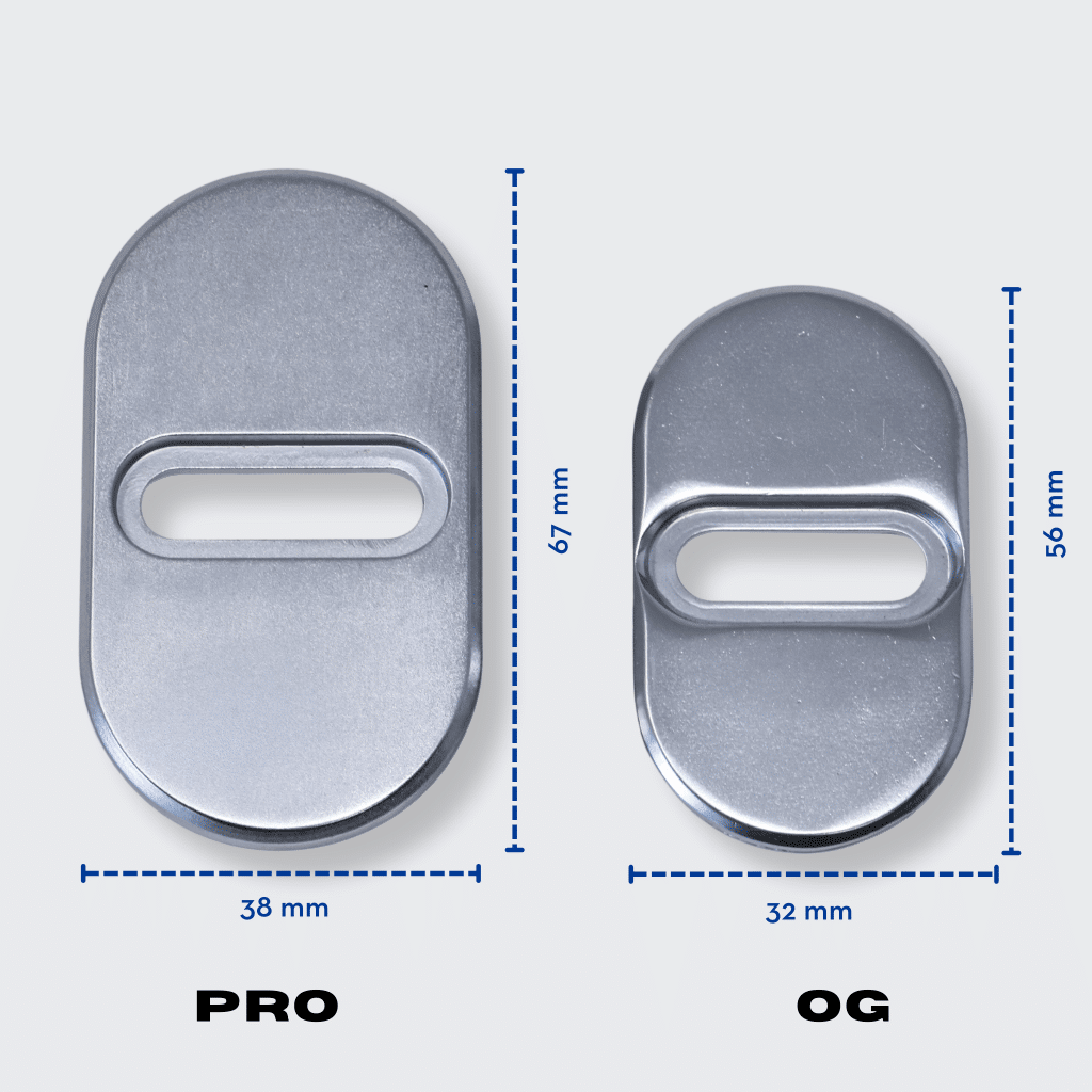 REMplate Pro & OG side by side comparison with measurements on gray background.